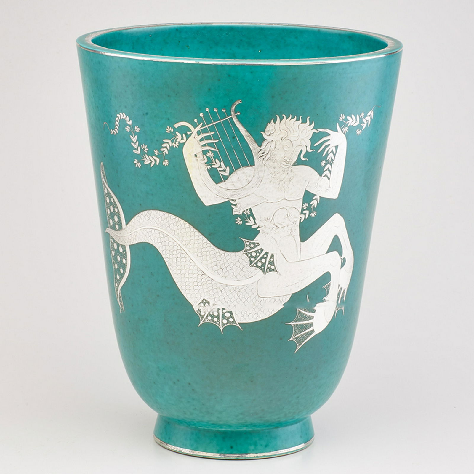 WILHELM KAGE (1889 - 1960); GUSTAVSBERG: Large Argenta flaring vase, decorated with sea-centaur (Ichthyocentaurs), Sweden, 1943 Glazed earthenware, electroplated silver Impressed and silvered manufacturer marks with anchor, ARGENTA/978 III/G