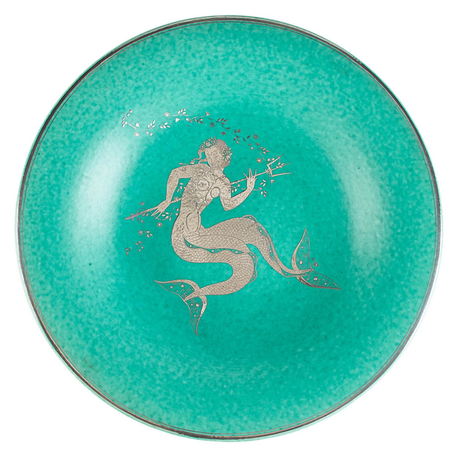WILHELM KAGE (1889-1960); GUSTAVSBERG: Large Argenta charger with mermaid, Sweden, 1943 Glazed stoneware, silver inlay Inlaid signature C. G. LINDBLOM 2/6 1943, impressed N 2" x 15" dia.