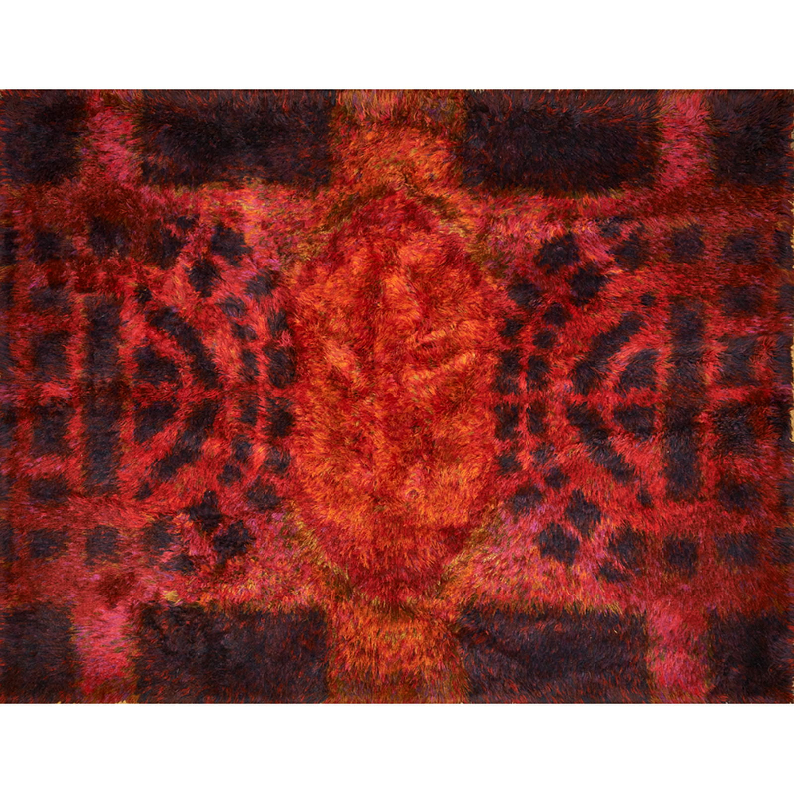 RITVA PUOTILA; OY FINNRYA: Fireside Evening rya area rug, Finland, 1960s Wool Unmarked 69" x 53 1/2" Provenance: Full page illustration in "TASCHEN, "60's Decorative Art" publication, pg. 317.