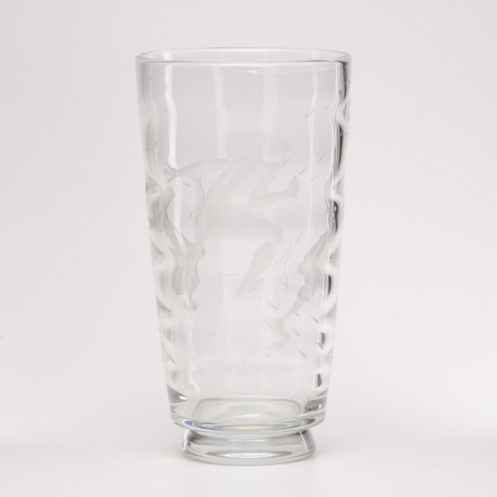 VICKE LINDSTRAND (1904-1983); ORREFORS: "Pearl Diver" vase, etched with male nudes, Sweden, 20th c. Blown, and acid etched glass Etched ORREFORS LINDSTRAND 1115/C6 14" x 7 1/2" dia.
