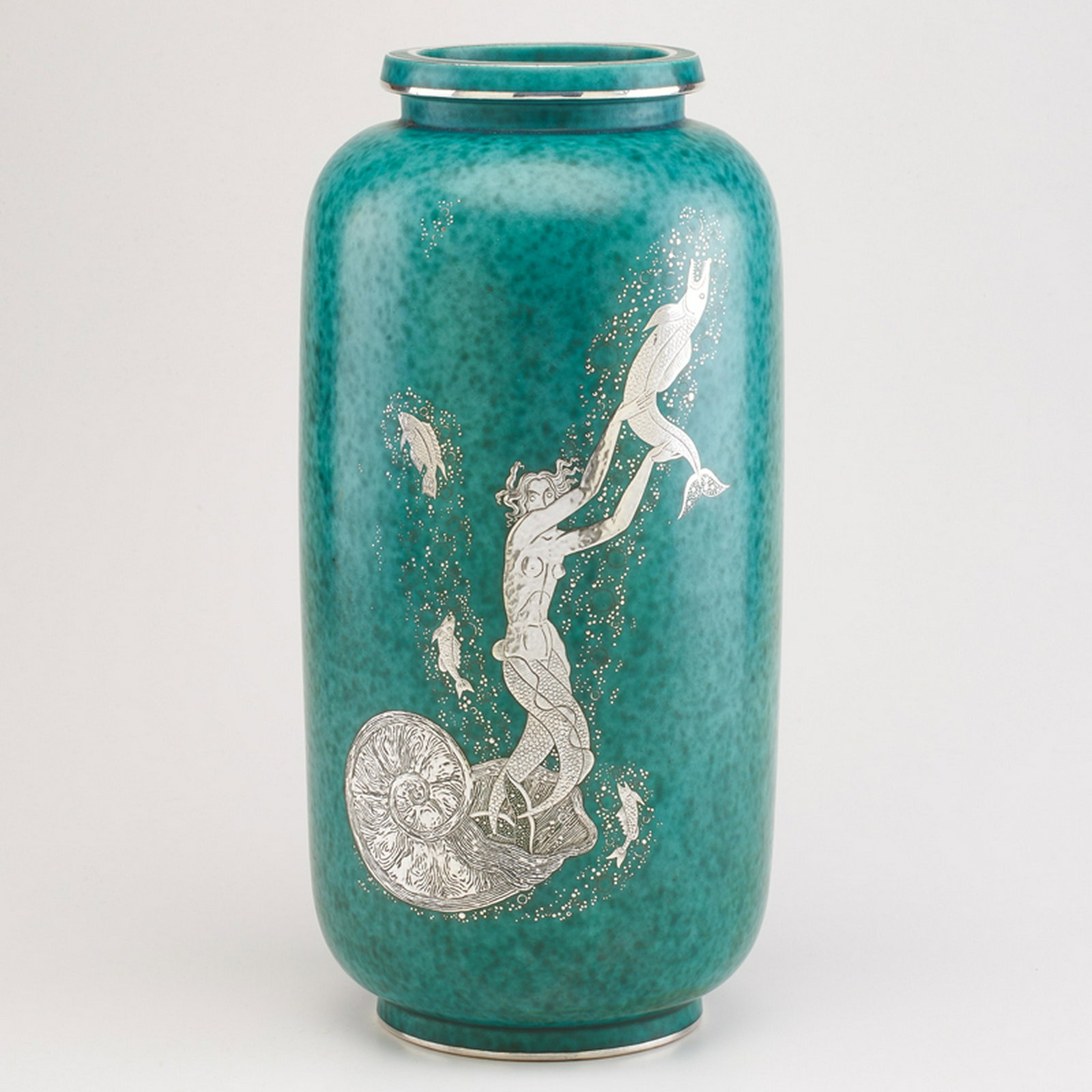 WILHELM KAGE (1889 - 1960); GUSTAVSBERG: Fine and large Argenta capsule-form vase, decorated with mermaid riding sea snail shell, and fish, Sweden, 1938 Glazed earthenware, electroplated silver Silver manufacturer mark with anchor, GUSTAVSBE