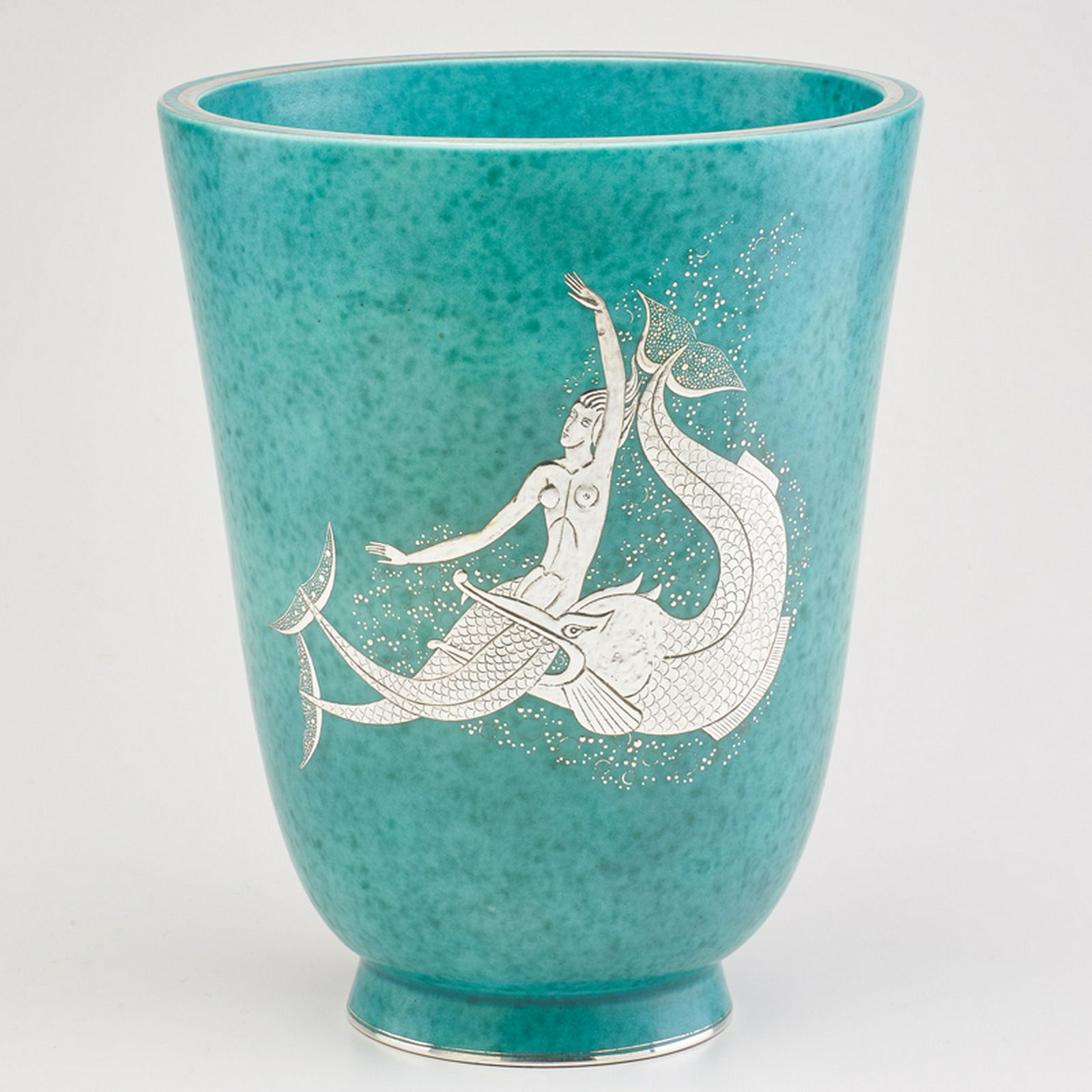 WILHELM KAGE (1889 - 1960); GUSTAVSBERG: Large Argenta flaring vase, decorated with marlin attacking a mermaid, Sweden, 1953 Glazed earthenware, electroplated silver Silvered manufacturer mark with anchor, GUSTAVSBERG/ARGENTA/978 III/MADE IN