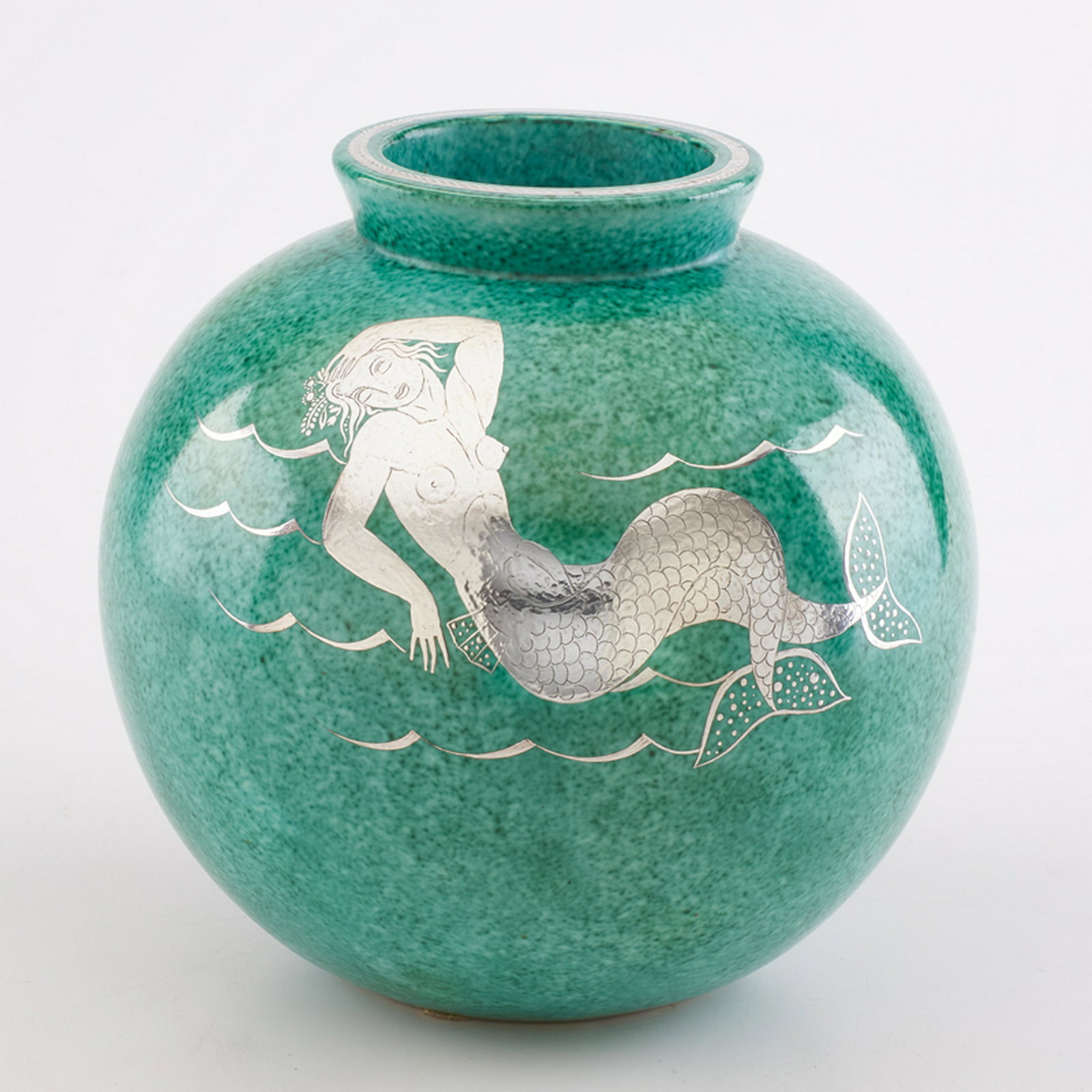 WILHELM KAGE (1889 - 1960); GUSTAVSBERG: Argenta ovoid vase, decorated with mermaid in the waves, Sweden, 1934 Glazed earthenware, electroplated silver Impressed and silvered manufacturer marks with anchor, HANDDREJAD/ARGENTA/1042 III/GUSTAV