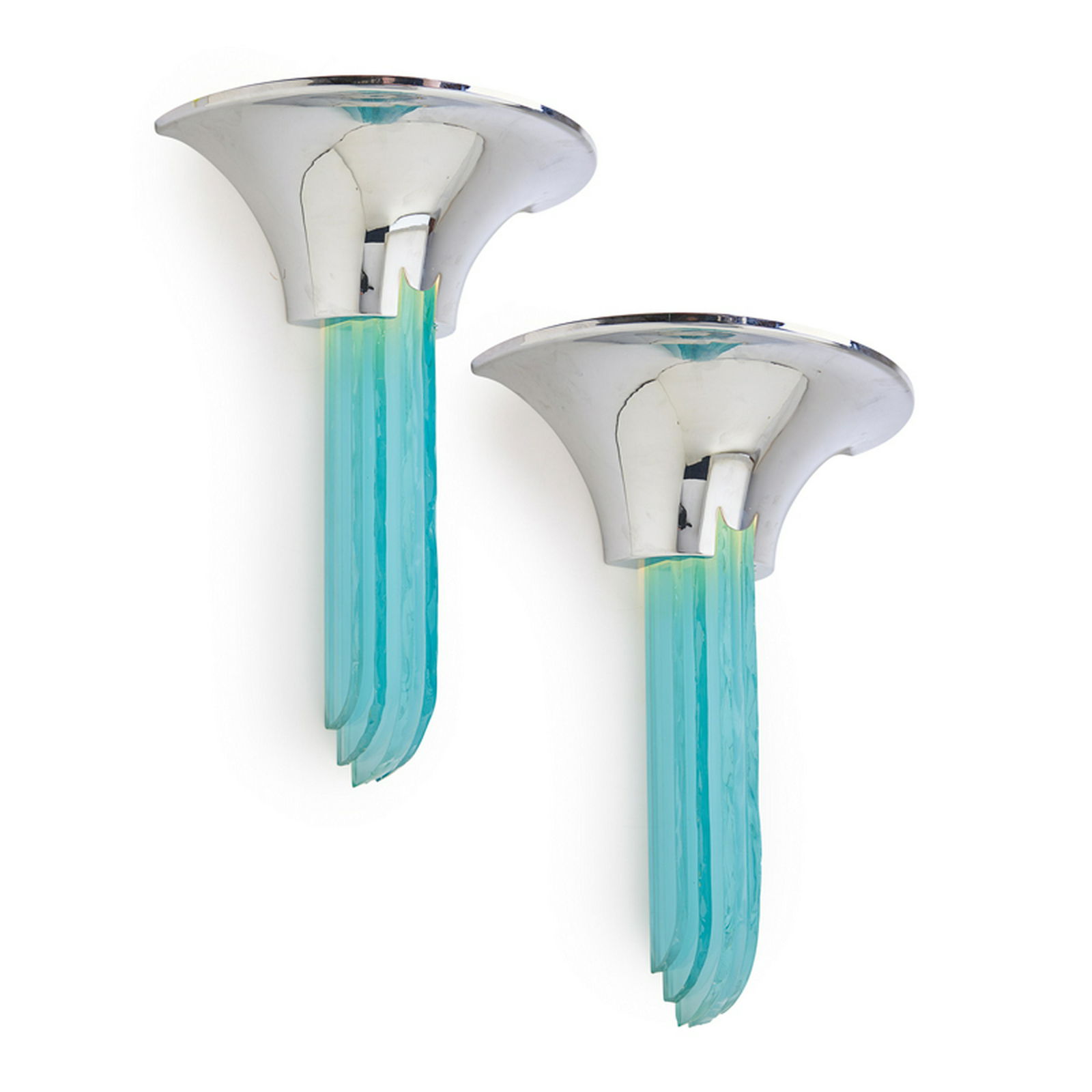 KARL SPRINGER (1931-1991); KARL SPRINGER LTD.: Pair of "Percell" sconces Chromed steel, glass, two sockets each, New York, late 20th c. Unmarked 24" x 17" x 8" ea.