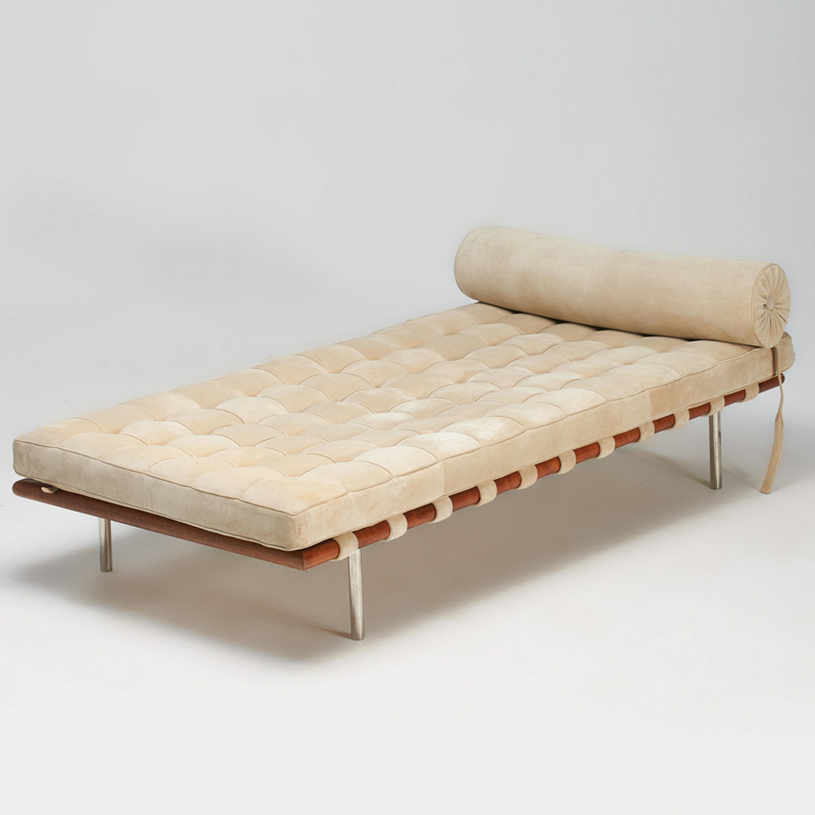 STYLE OF LUDWIG MIES VAN DER ROHE: Barcelona" daybed, 20th c. Walnut, chromed steel, ultra suede upholstery Unmarked 25" x 38" x 78