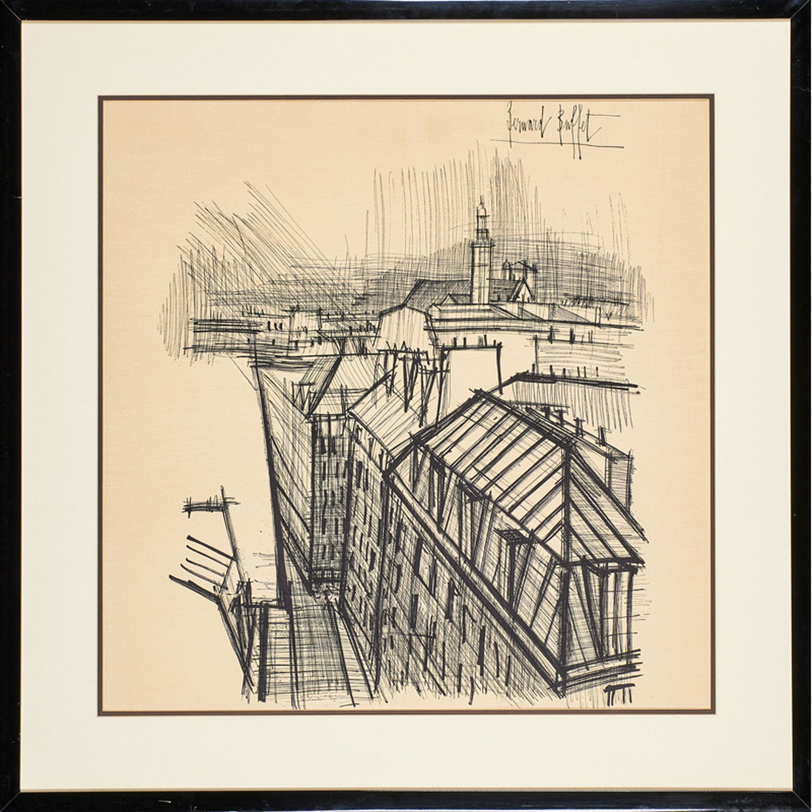 BERNARD BUFFET (French, 1928-1999): Screenprint on silk "Paris Rooftops" (framed) Signed in plate 25" x 25" (sight)