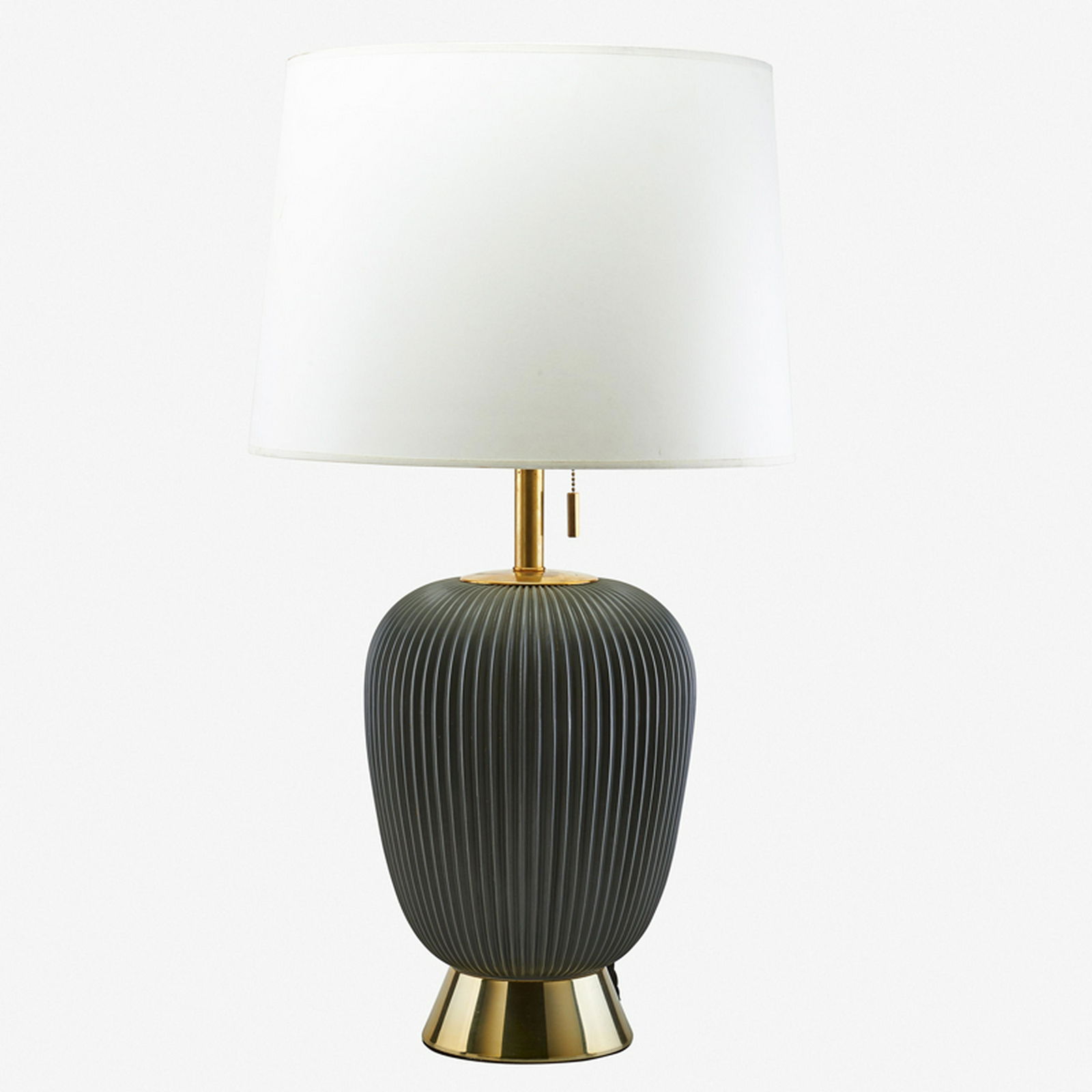 GERALD THURSTON; LIGHTOLIER: Fluted table lamp, in gunmetal glaze, USA, ca. 1950s Glazed porcelain, brass, chromed metal, paper shade, three sockets Unmarked As shown: 32 3/4" x 11 1/4" dia., shade: 13" x 16" dia.