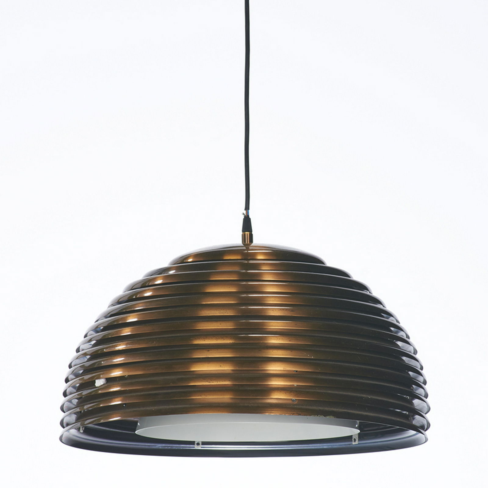 KAZUO MOTOZAWA; STAFF LEUCHTEN: Saturno" pendant lamp, Germany, des. 1972 Patinated steel, brass, four sockets Unmarked Fixture: 12" x 19 1/2" dia., cord: 43 1/2