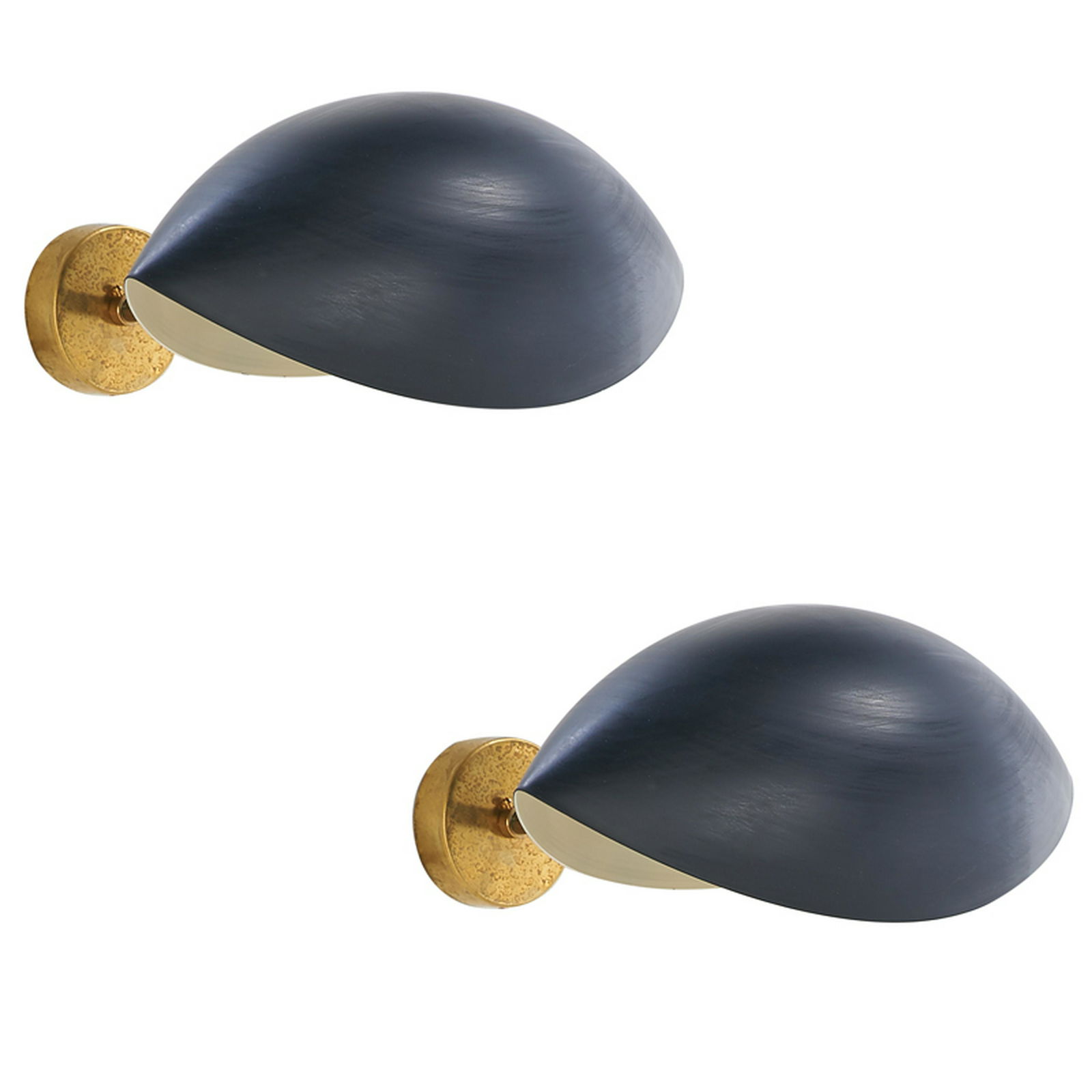 STYLE OF SERGE MOUILLE: Pair of wall sconces, France, 1950s Enameled aluminum, brass Unmarked 5 1/2" x 12" x 12"