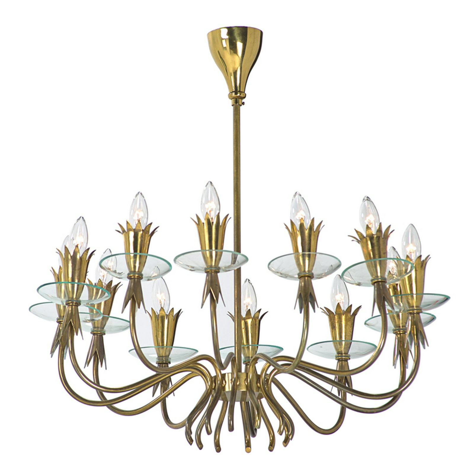 STYLE OF TOMMI PARZINGER: Twelve-light chandelier, Italy, second half of 20th c Gilt brass, glass Unmarked To ceiling cap: 23" x 23" dia