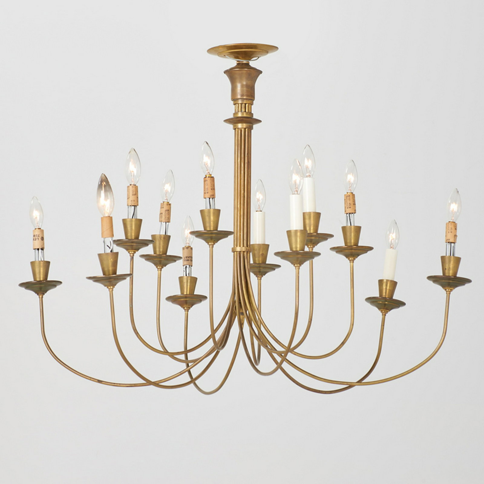 STYLE OF TOMMI PARIZNGER: Twelve-light chandelier, USA, 20th c. Brass, paper Unmarked To ceiling cap: 24 1/2" x 33" dia.