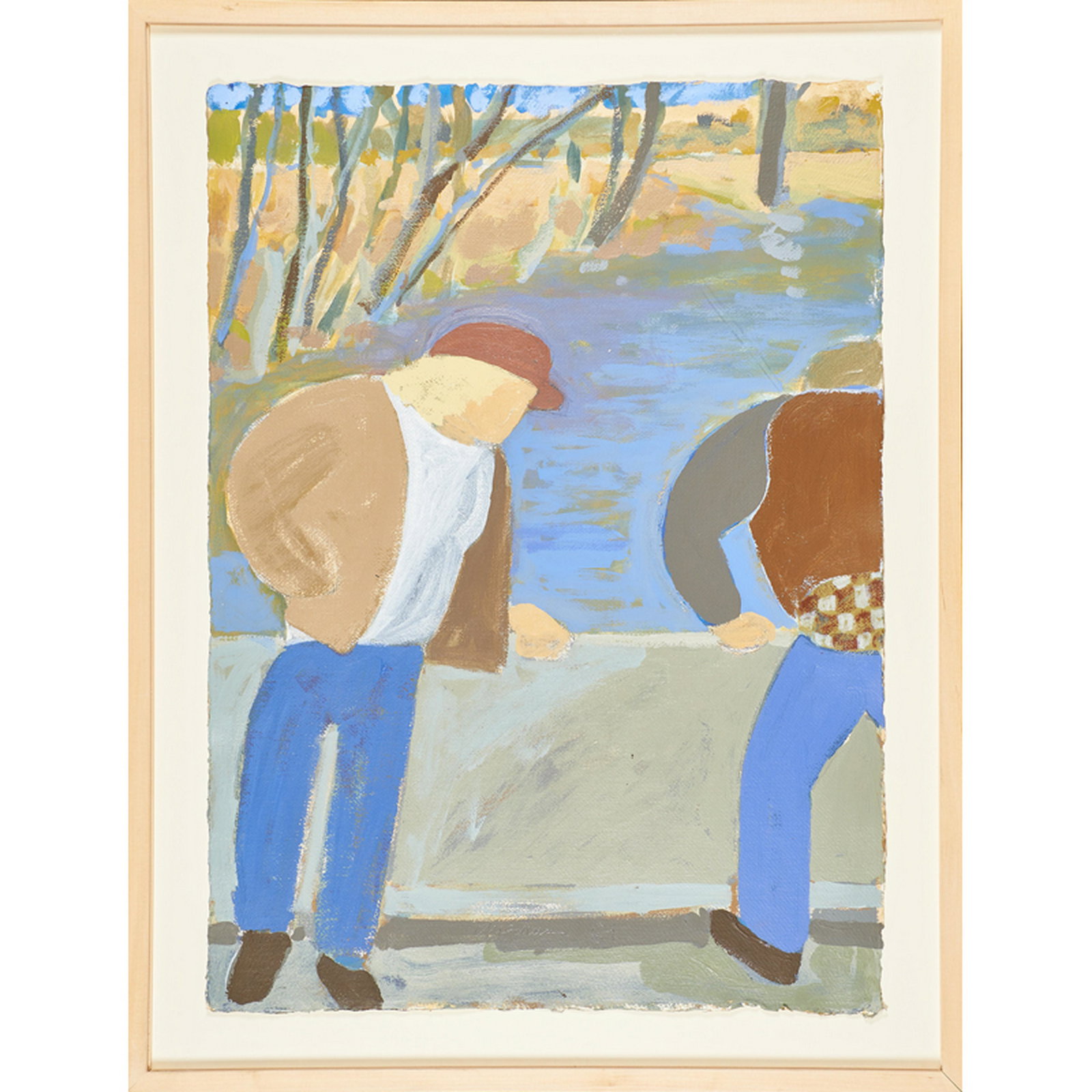 EDWARD AVEDISIAN (American, 1936-2007): Acrylic on paper Untitled (two figures looking over a wall), 1984 (framed) Signed and dated 30" x 21 /2" (sheet)