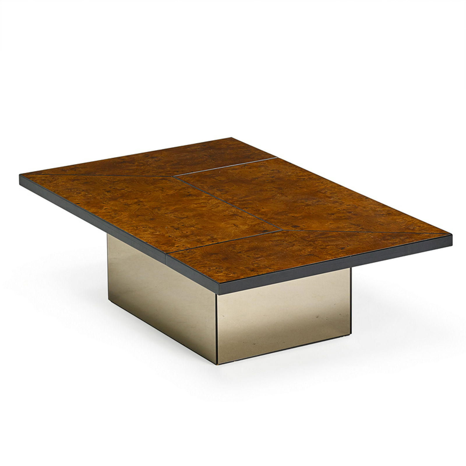 MAISON LANCEL: Convertible cocktail table with interior bar, France, latter half 20th c. Resin coated, burl, walnut, mirrored glass Closed: 49 1/4" x 31 1/4" x 15 ", open: 15" x 47" x 37 1/4"