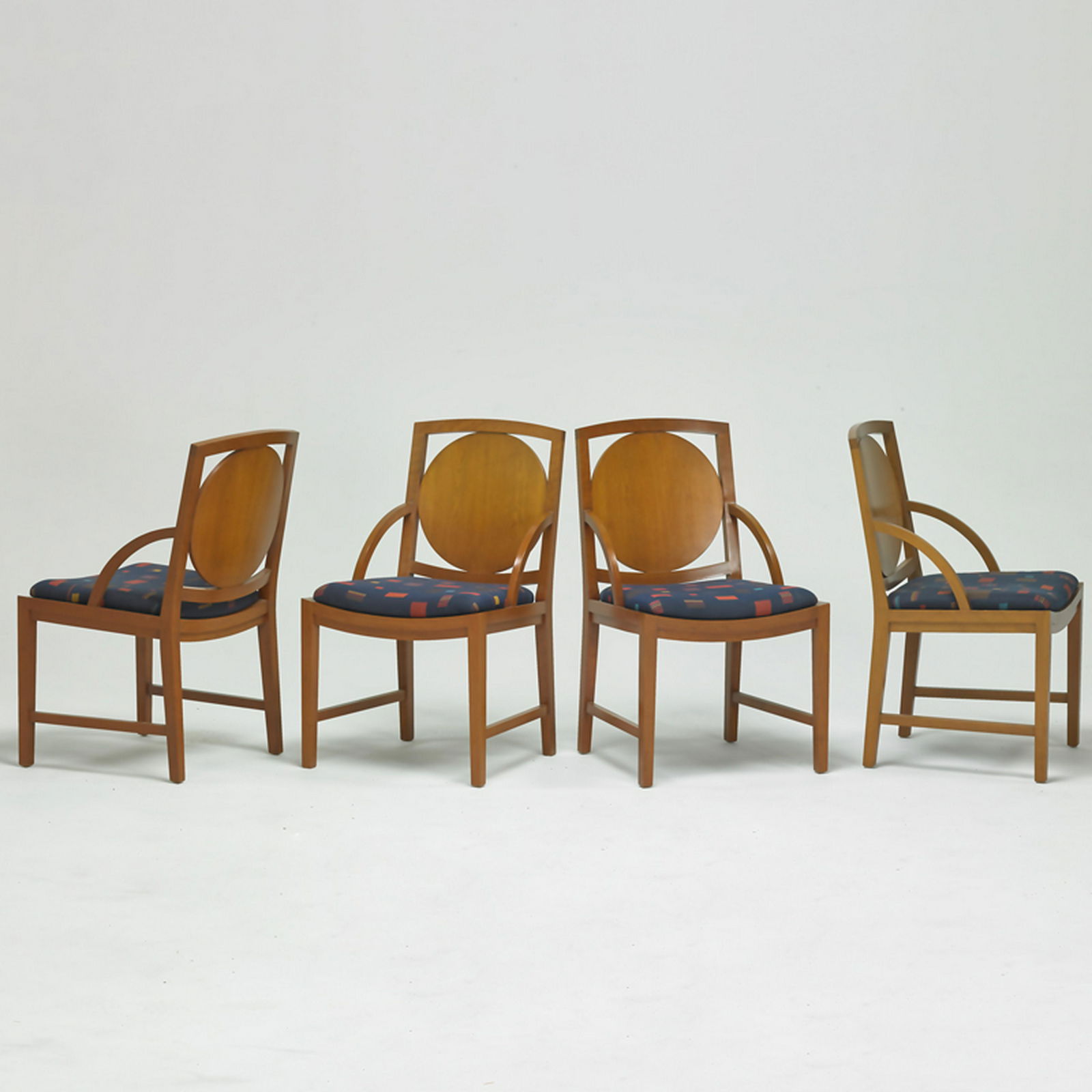 STYLE OF MICHAEL GRAVES: Four armchairs, USA, 20th c. Cherry wood, Michael Graves upholstery Unsigned 34" x 20 3/4" x 22"