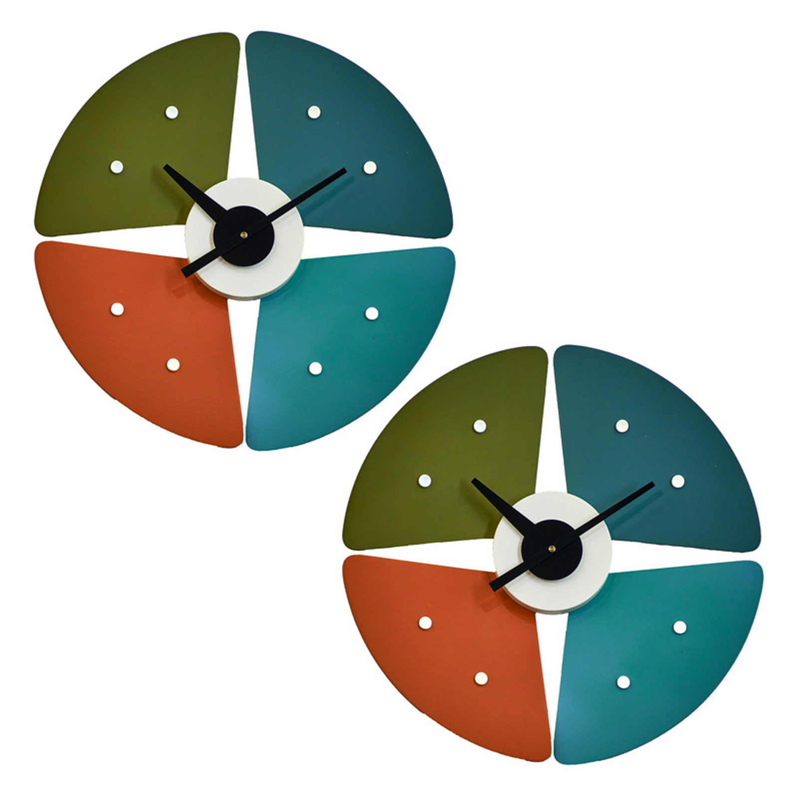 STYLE OF GEORGE NELSON; VITRA: Two petal-style wall clocks, 2000s Composite, enameled metal Unmarked Each: 1 1/2" x 17 1/2" dia.