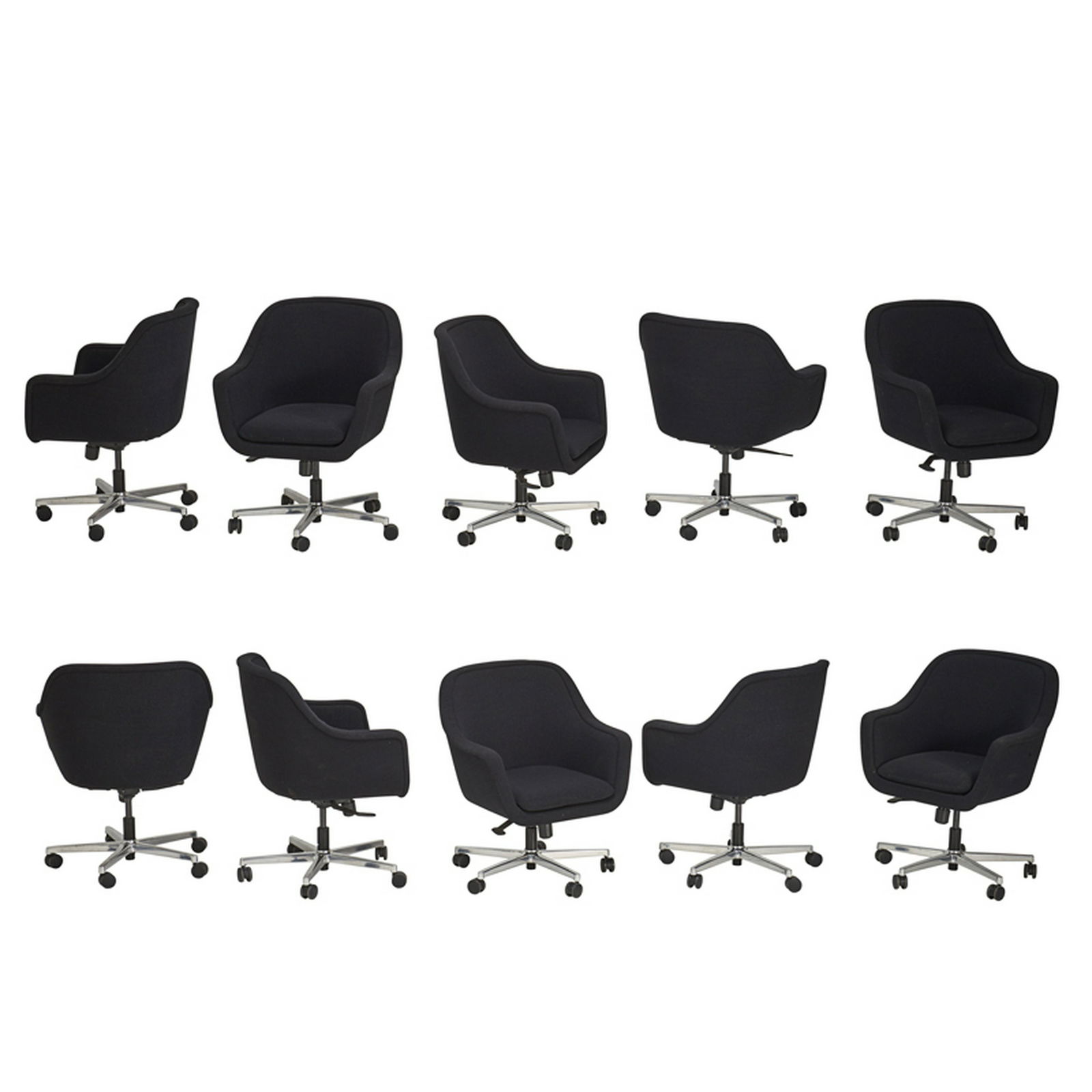 WARD BENNETT; GEIGER: Set of ten adjustable "Bumper" chairs, reissued by Herman Miller, USA, 2000s/des. 1964 Chromed and enameled steel, upholstery, casters 33"-36" x 27" x 24 1/2", seat height: 16 1/2"-19 1/2", arm height