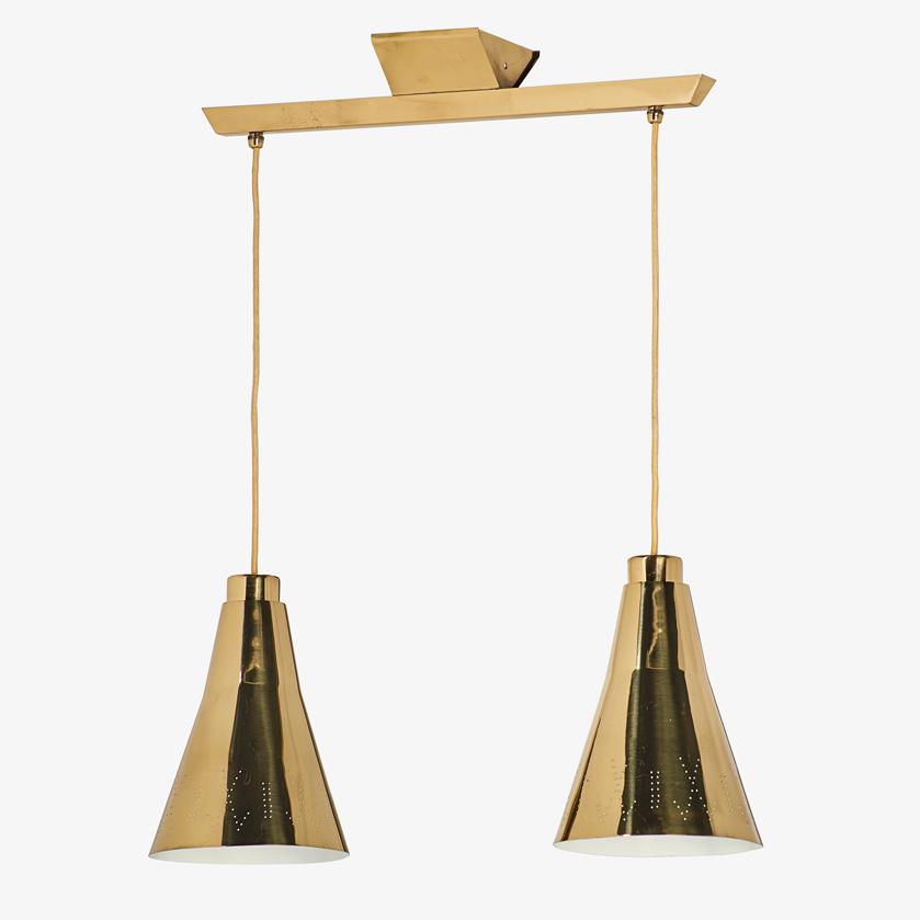 PAAVO TYNELL Two-pendant fixture/chandelier: PAAVO TYNELL (1890 - 1973) TAITO OY Two-pendant fixture/chandelier, Finland, mid-20th C. Polished, perforated, and enameled brass, two sockets Stamped 'Taito TT MADE IN FINLAND, 1995/2' 30" x 24" x 7 