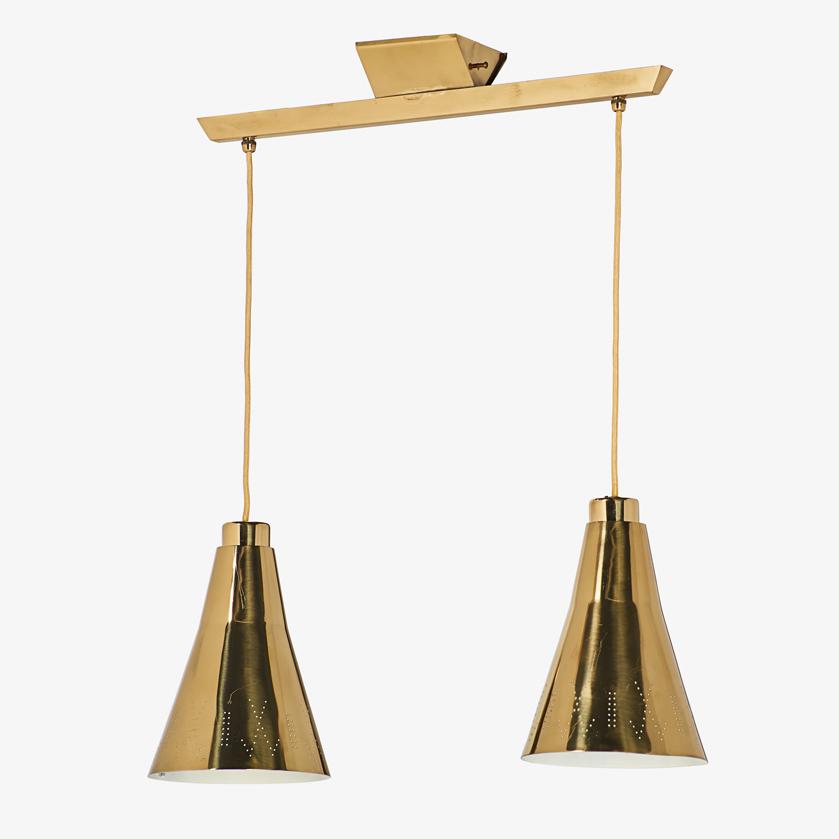 PAAVO TYNELL Two-pendant fixture/chandelier: PAAVO TYNELL (1890 - 1973) TAITO OY Two-pendant fixture/chandelier, Finland, mid-20th C. Polished, perforated, and enameled brass, two sockets Stamped 'Taito TT MADE IN FINLAND, 1995/2' 30" x 24" x 7 