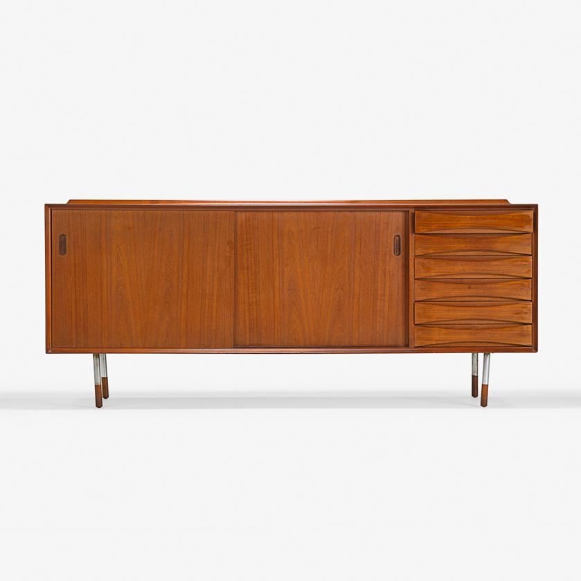 ARNE VODDER Cabinet: ARNE VODDER (1926 - 2009) SIBAST MOBLER Cabinet, Denmark, mid-20th C. Teak, matte-chromed steel Manufacturer metal labels 31" x 72" x 19 1/2" Provenance: Private collection, New York