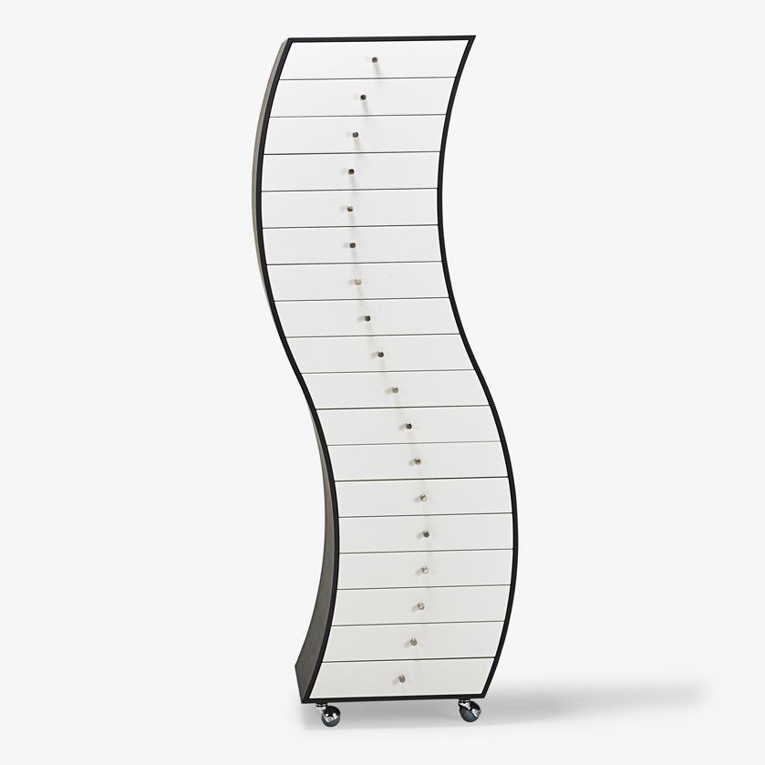 SHIRO KURAMATA CAPELLINI Cabinet: SHIRO KURAMATA (1934 - 1991) CAPPELLINI Side One chest of drawers (no. 224), Italy, 1992 Ebonized ash, laminate, steel, casters Unmarked 67 1/2" x 24" x 19 1/2"