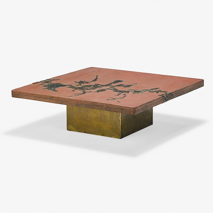 SILAS SEANDEL Coffee table: SILAS SEANDEL (b. 1937) Terra coffee table, New York Patinated bronze, stone with inset bronze Metal label 15" x 47 1/4" sq.
