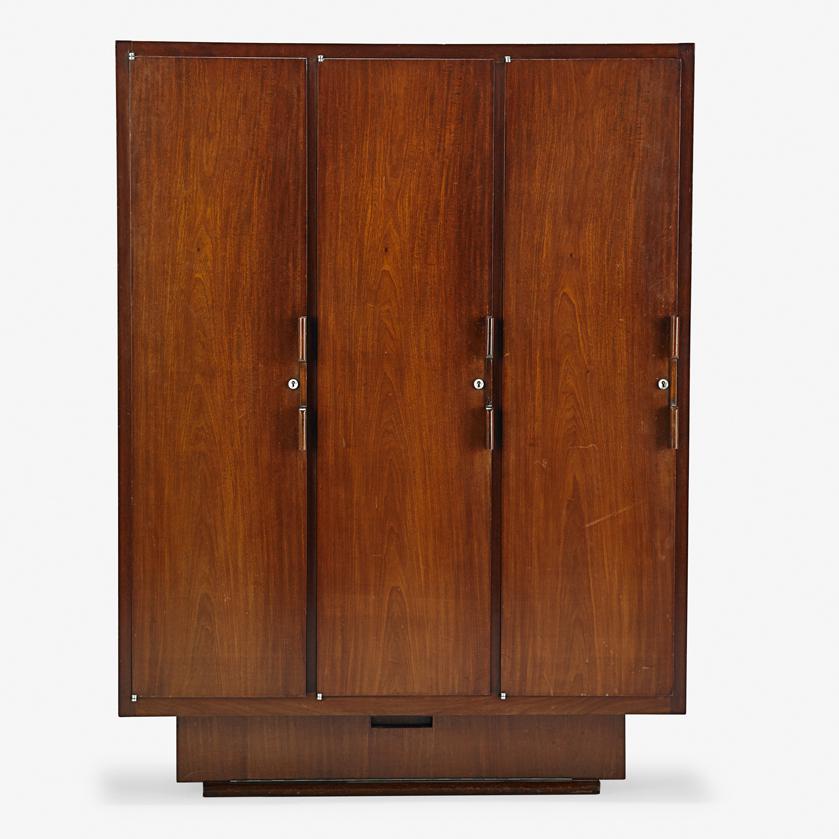 ALFRED PORTENEUVE Cabinet: ALFRED PORTENEUVE (1896 - 1949) Cabinet, France, 1930s Mahogany, matte-chromed steel, oak Branded, French warehouse label 57 1/4" x 43" x 17 3/4" Provenance: Collection of Robert Couturier Christie's,