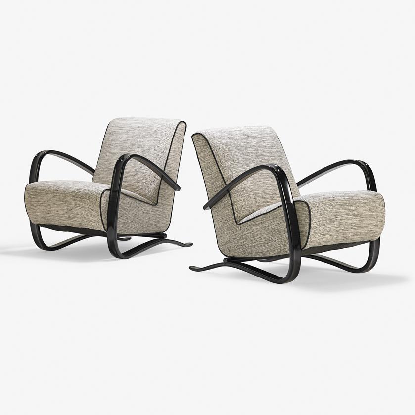 JINDRICH HALABALA Two lounge chairs: JINDRICH HALABALA (1903 - 1978) THONET Two lounge chairs, Czechoslovakia, mid-20th C. Enameled wood, upholstery, leather Unmarked 31" x 28 1/2" x 38"