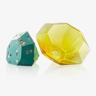 JOHN TORREANO Gem vase and sculpture: JOHN TORREANO (b. 1941) Polyhedral vase and sculpture, USA, 1980s Mold-blown glass, painted wood, plastic gems Wood sculpture signaed and dated 'John Torreano 1989' 9 1/4" x 13" x 8 1/2", 8" x 12" x 8