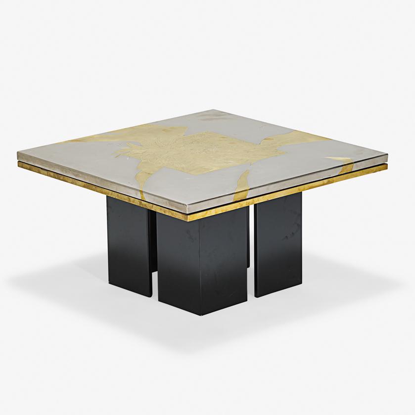 CHRISTIAN HECKSCHER Coffee table: CHRISTIAN HECKSCHER (b. 1951) Coffee table, Belgium, ca. 1970 Nickeled and acid-etched brass, enameled wood Etched signature to top 19 1/2" x 37" sq.