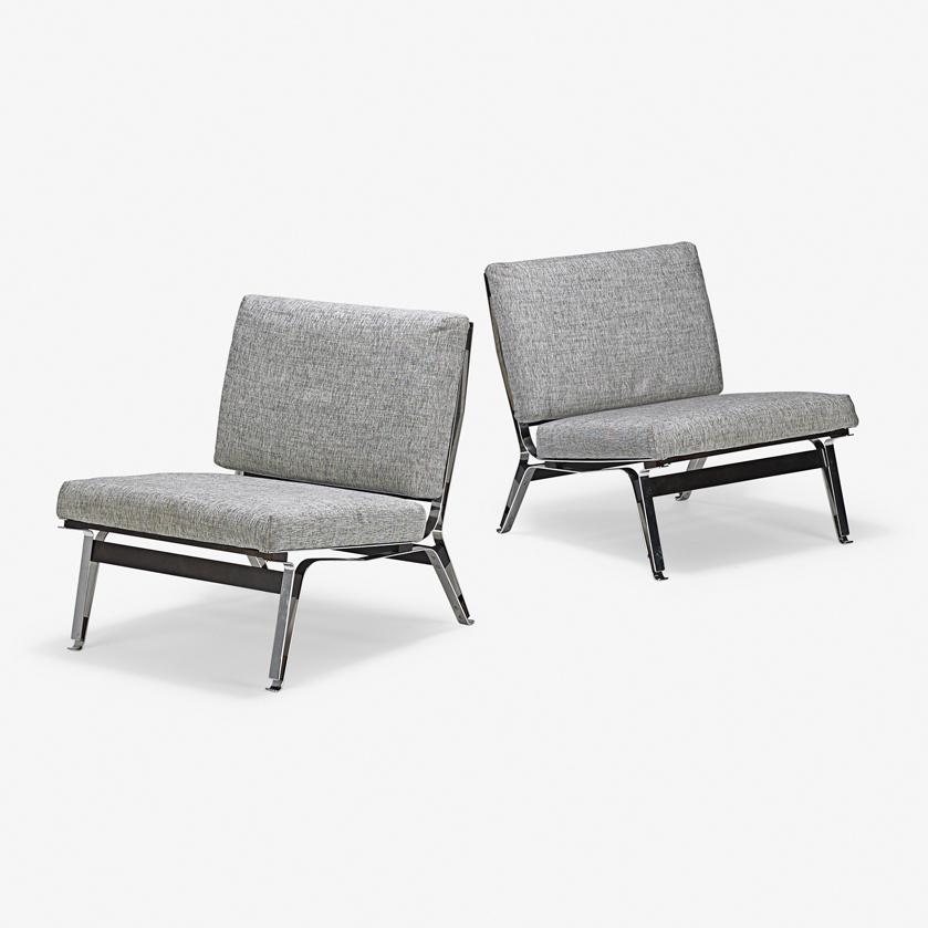 ICO PARISI Pair of lounge chairs: ICO PARISI (1916 - 1996) CASSINA Pair of lounge chairs (no. 856), Italy, 1950s Chromed steel, walnut, upholstery Unmarked 29" x 26 1/2" x 30" ea.