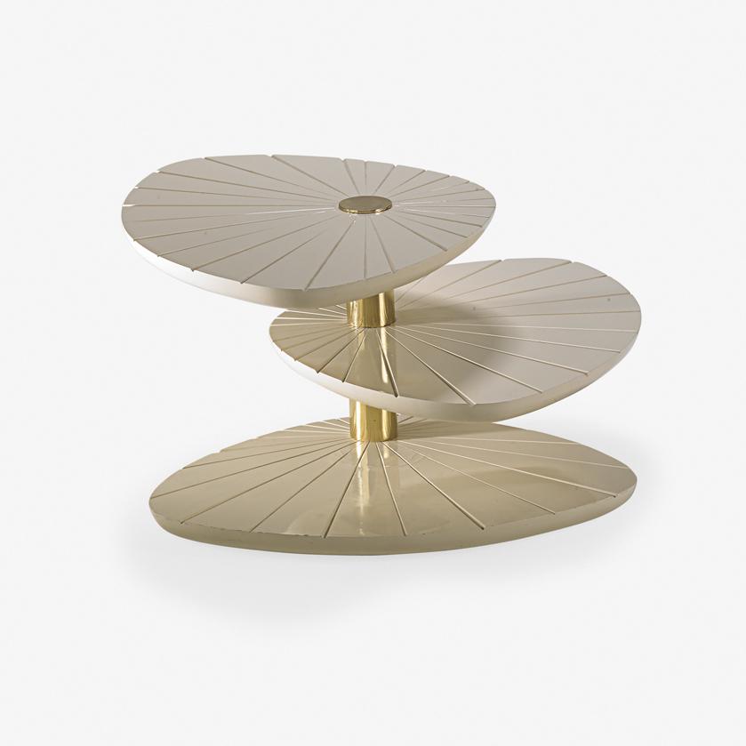 STYLE OF GABRIELLA CRESPI Tiered occasional table: STYLE OF GABRIELLA CRESPI Rotating tiered occasional table, Italy, 1970s Lacquered wood, brass Unmarked 17" x 29 1/2" x 27"