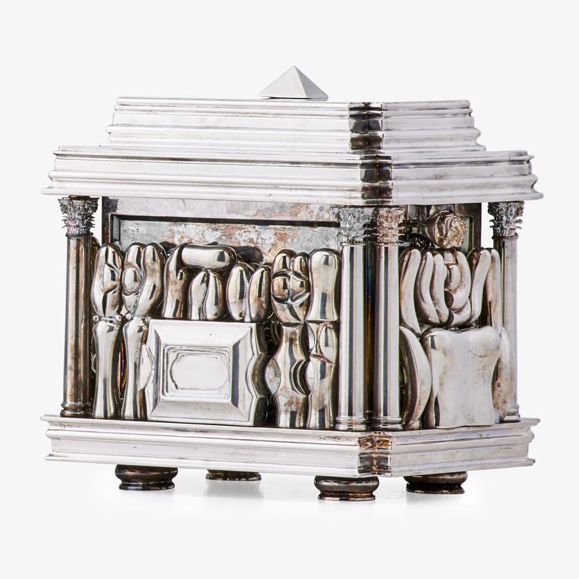 MIGUEL BERROCAL "Il Cofanetto" puzzle sculpture: MIGUEL BERROCAL (1933 - 2006) "Il Cofanetto" puzzle sculpture, Verona, Italy, des. 1970s Silver-plated metal Stamped signature and numbered 964/2000 8" x 8" x 5 3/4" Provenance: Rago Auctions, Modern