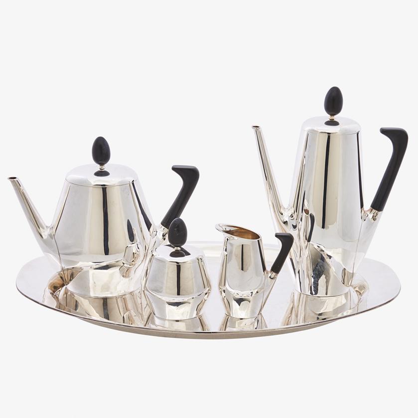 BRUCKMANN & SOHNE Sterling tea and coffee set: BRUCKMANN & SOHNE Five-piece tea and coffee set, Germany, 1950s: teapot, coffee pot, creamer, sugar, and tray Sterling silver, ebonized wood All stamped Sterling 925 with maker and hallmarks Coffee po