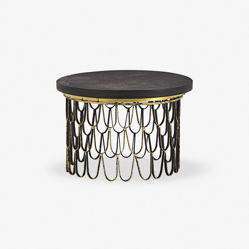 PAUL EVANS Small Loop occasional table: PAUL EVANS (1931 - 1987) PAUL EVANS STUDIO Loop occasional table, New Hope, PA, 1960s Enameled and gilt wrought iron, gilt wood, cleft slate Unmarked 16" x 24" dia. Provenance: Original owner, purchas