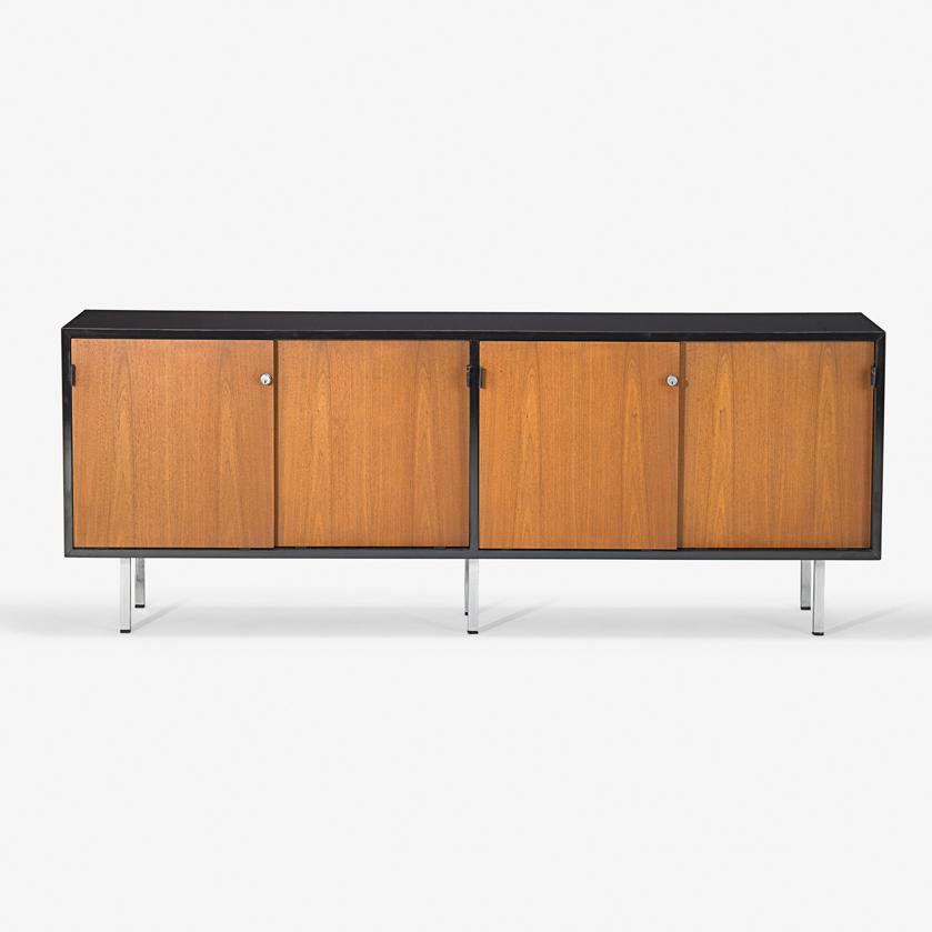 FLORENCE KNOLL KNOLL INTERNATIONAL Cabinet: FLORENCE KNOLL (1917 - 2019) KNOLL INTERNATIONAL Cabinet, USA, 1980s Laminate, walnut, stitched leather, chromed steel Manufacturer label 'Knoll International' 27 1/2" x 71 1/2" x 17 3/4"