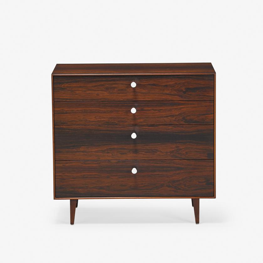 GEORGE NELSON Thin Edge dresser: GEORGE NELSON (1908 - 1986) HERMAN MILLER Thin Edge dresser, Zeeland, MI, 1950s Rosewood, stained wood, porcelain Foil label 'GEORGE NELSON DESIGN HERMAN MILLER ZEELAND, MICH.' 32" x 34" x 18 1/2"