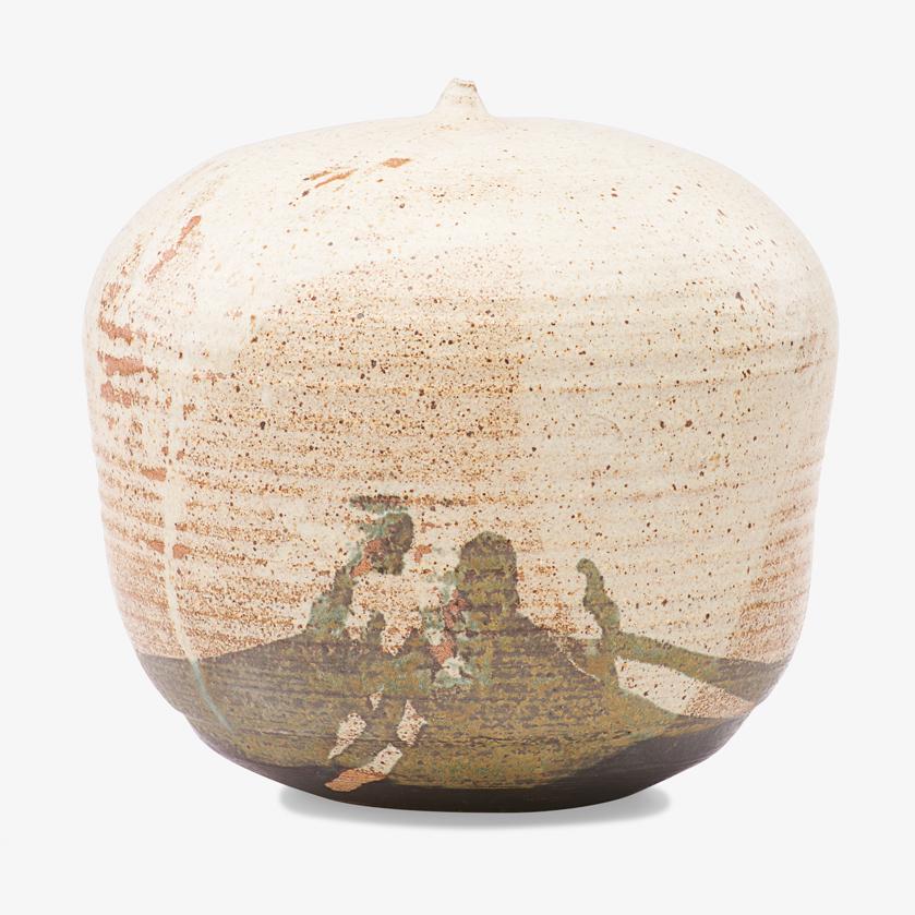 TOSHIKO TAKAEZU Large form with rattle: TOSHIKO TAKAEZU (1922 - 2011) Large untitled form with rattle, USA Glazed stoneware Incised TT 9" x 9 1/4" Provenance: Original owner, purchased from the artist