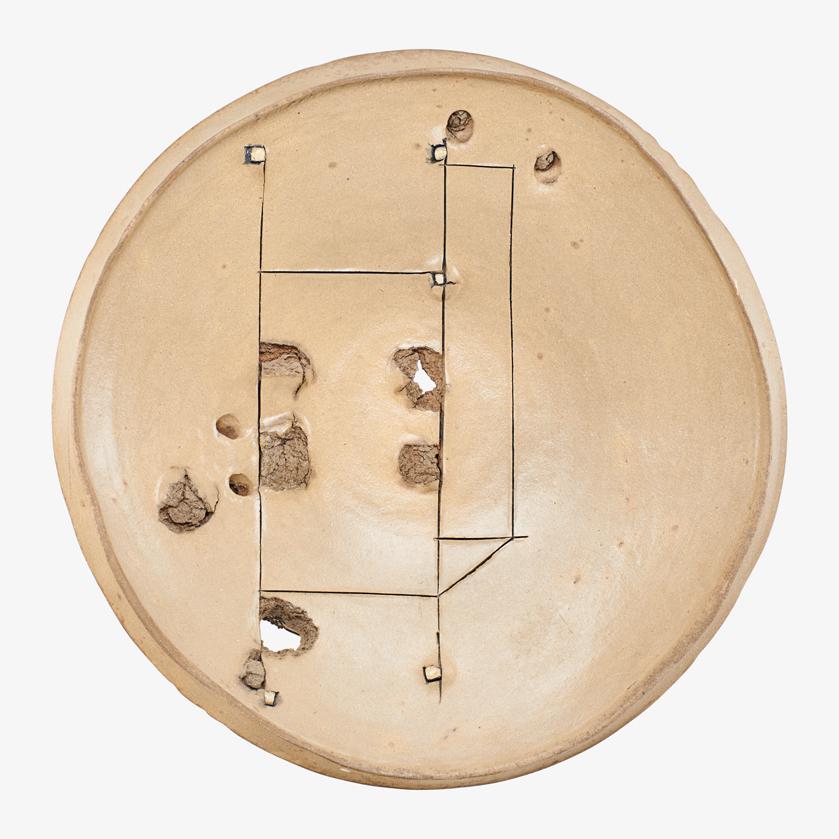 PETER VOULKOS Large charger: PETER VOULKOS (1924 - 2002) Large untitled charger, USA, 1978 Glazed, gouged, and incised stoneware with porcelain pass-throughs Signed and dated 4 1/2" x 22 1/4" dia.