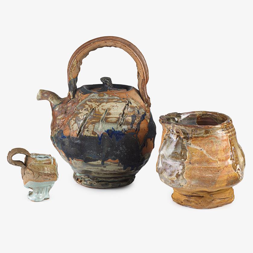 PETER VOULKOS Rare teapot, teacup, and bowl: PETER VOULKOS (1924 - 2002) Rare, large teapot and coffee cup by Voulkos, tea bowl by student, Berkeley, CA 1962 Glazed Lincoln fire clay stoneware Teapot signed VOULKOS 62, cup signed VOULKOS, bowl s