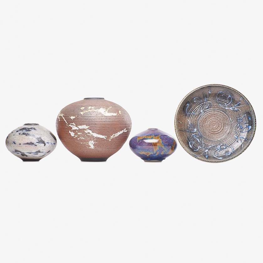 OTTO & VIVIKA HEINO Four pieces: OTTO HEINO (1915 - 2009) VIVIKA HEINO (1910 - 1995) Three vases and one plate, Ojai, CA Glazed and salt-glazed stoneware All signed Largest: 8 1/2" x 9 1/2", plate: 10 3/4" dia. Provenance: David Rago
