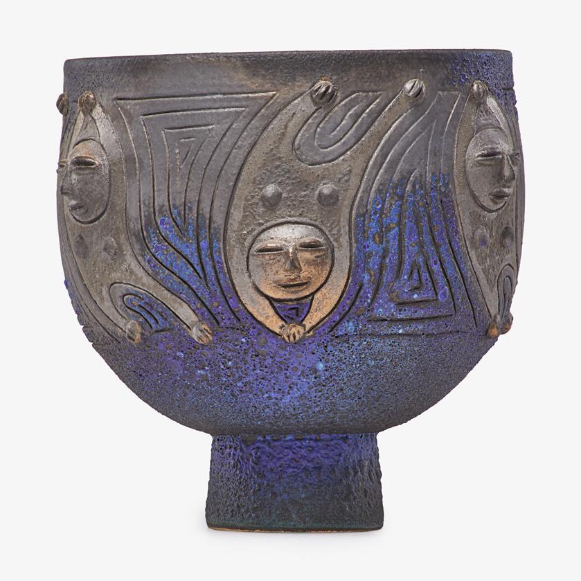 EDWIN & MARY SCHEIER Footed bowl: EDWIN SCHEIER (1910 - 2008) MARY SCHEIER (1908 - 2007) Footed bowl with stylized figures, Green Valley, AZ, 1983 Glazed stoneware Signed and dated 8 1/2" x 9" Provenance: Hudson River Museum, Yonkers,