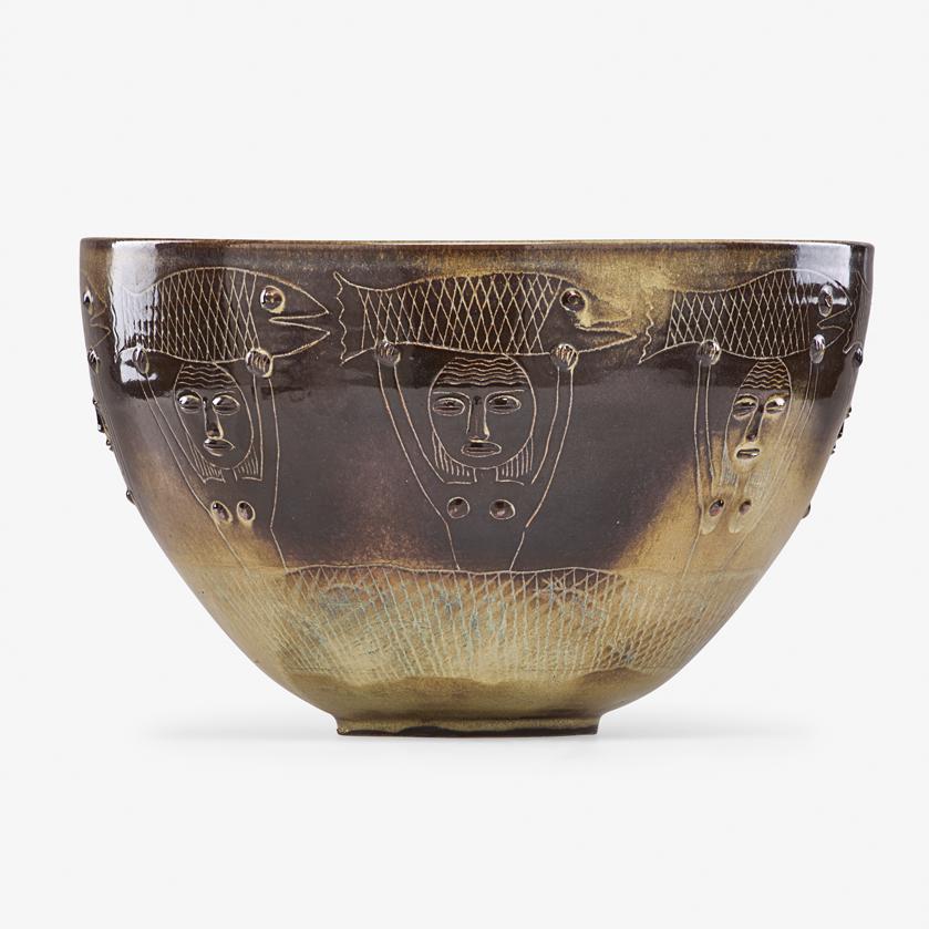 EDWIN & MARY SCHEIER Large early bowl: EDWIN SCHEIER (1910 - 2008) MARY SCHEIER (1908 - 2007) Fine large early bowl with figures and fish, New Hampshire, 1960s Glazed earthenware Signed 8 1/4" x 13"