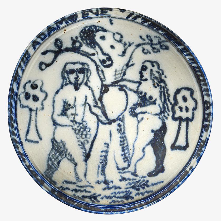 KEN FERGUSON Adam and Eve charger: KEN FERGUSON (1938 - 2005) Wall-hanging Adam and Eve charger, "Adam and Eve and the Pot," Shawnee Mission, KS, late 20th C. Glazed porcelain Artist chop mark 4" x 17 1/4"