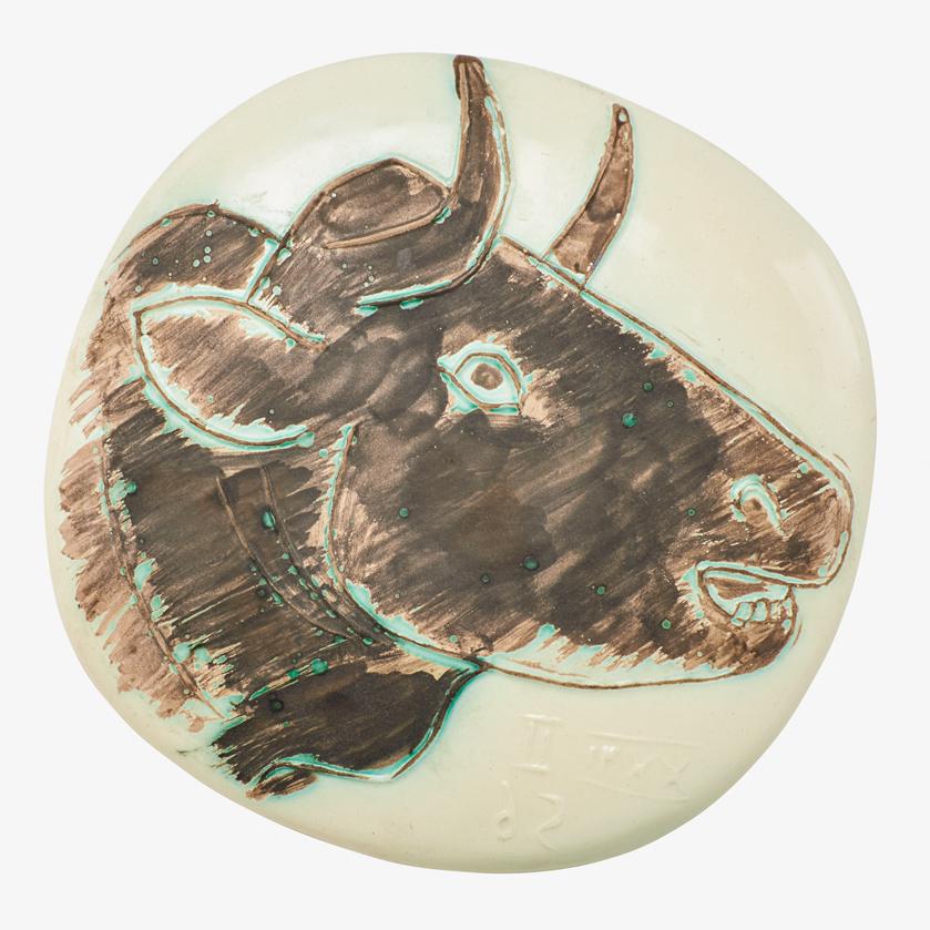PABLO PICASSO; MADOURA Plaque, "Bull's Profile": PABLO PICASSO (1881 - 1973) MADOURA Wall-hanging plaque, "Bull's Profile (Le Profil de Taureau)," edition of 450, France, des. 1956 Glazed earthenware, oxidized paraffin Impressed MADOURA PLEIN FEU EM
