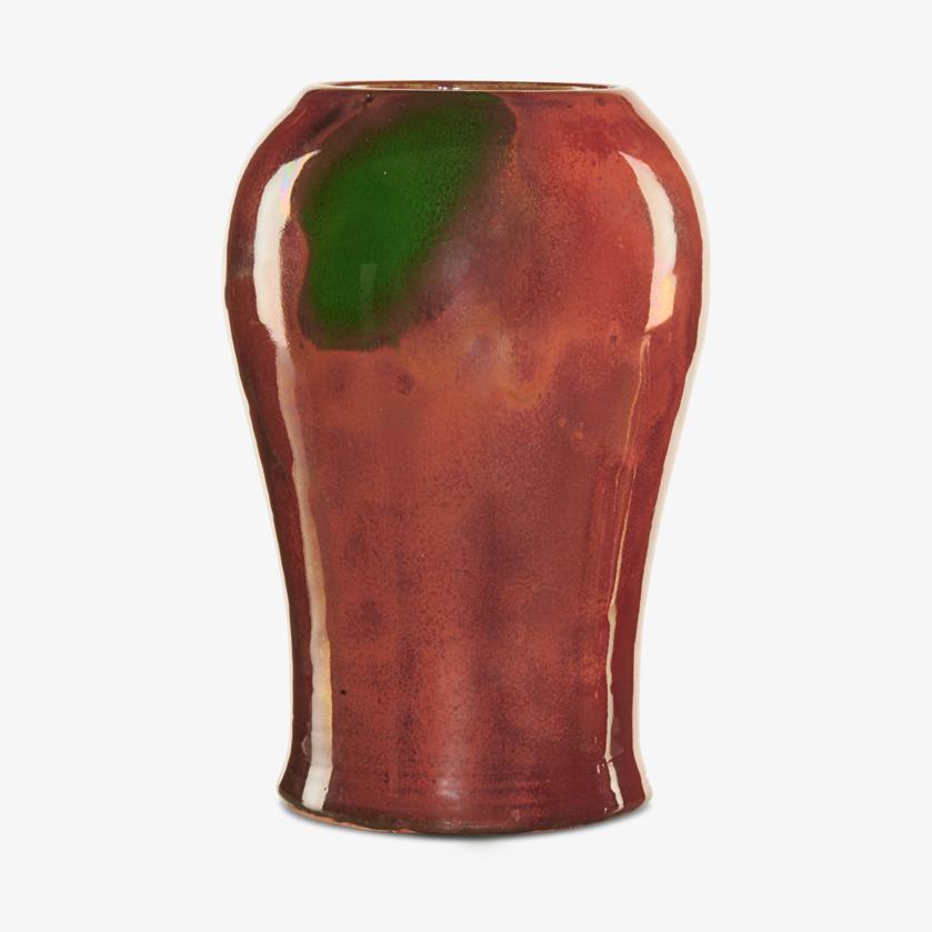 HUGH ROBERTSON; DEDHAM Fine oxblood vase: HUGH ROBERTSON (1845 - 1908) DEDHAM Fine experimental oxblood vase, Dedham, MA, 1896-1908 Glazed stoneware Incised Dedham Pottery HR RW, signed PP33P 9" x 5 3/4"
