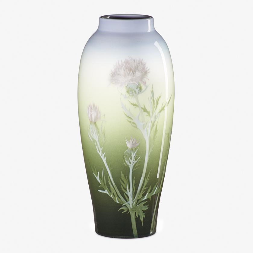 A.M. VALENTIEN; ROOKWOOD Iris Glaze vase: ANNA MARIE VALENTIEN (1862 - 1947) ROOKWOOD Iris Glaze vase with thistle (uncrazed), Cincinnati, OH, 1903 Flame mark/III/901B/AM Valentien 11 1/2" x 5"