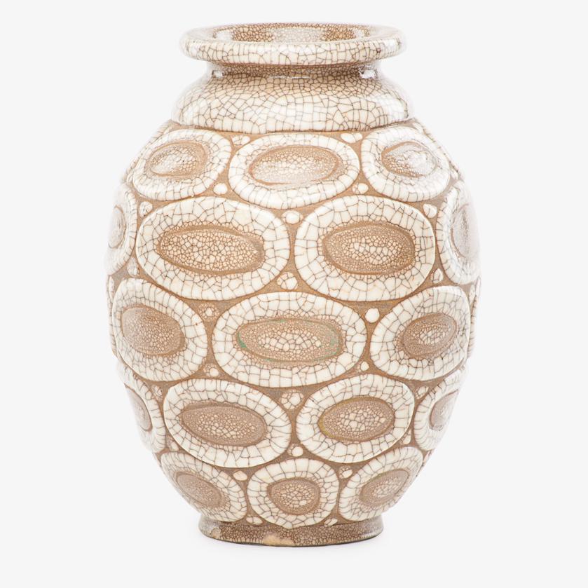 RENE BUTHAUD Peau-de-serpent (snakeskin) vase: RENE BUTHAUD (1886 - 1986) Art Deco vase, peau-de-serpent (snakeskin) glaze, France, ca. 1930s-40s Signed J. Doris 10" x 6 3/4"