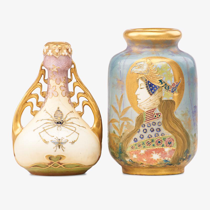 RIESSNER, STELLMACHER & KESSEL Two Amphora vases: RIESSNER, STELLMACHER & KESSEL Two Amphora vases with Allegory of Germany and spider, Turn-Teplitz, Bohemia, ca. 1900 Both marked 6 1/4", 5 3/4"