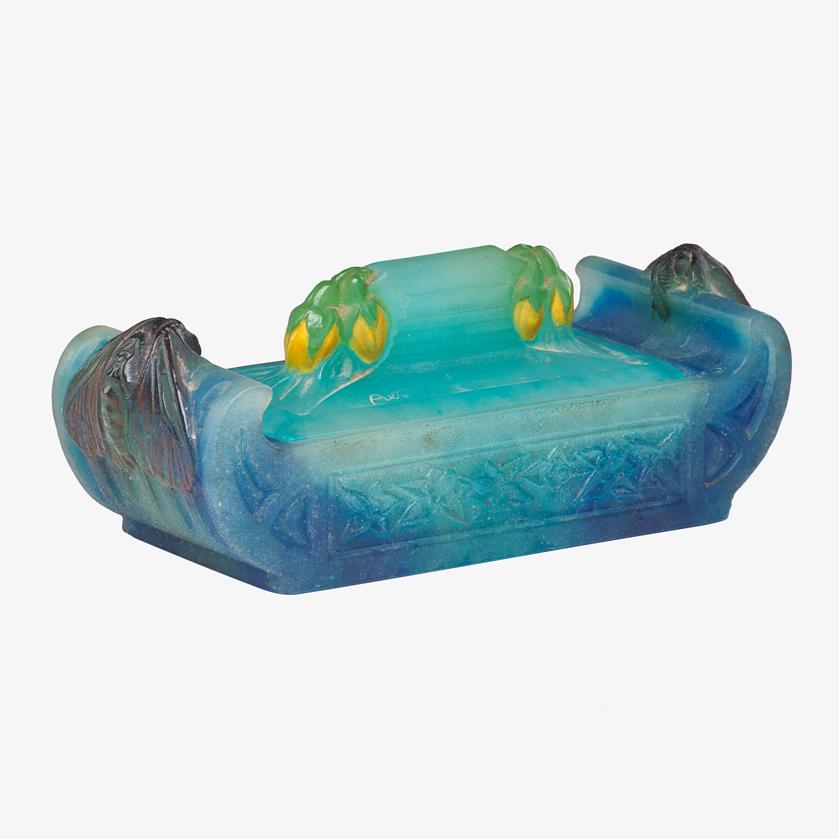 AMALRIC WALTER Rare covered box with cicadas: AMALRIC WALTER (1870 - 1959) Rare covered box with cicadas, France, early 20th C. Pâte-de-verre Molded A. WALTER NANCY to base and AW to lid 3 1/4" x 9" x 3 1/2"