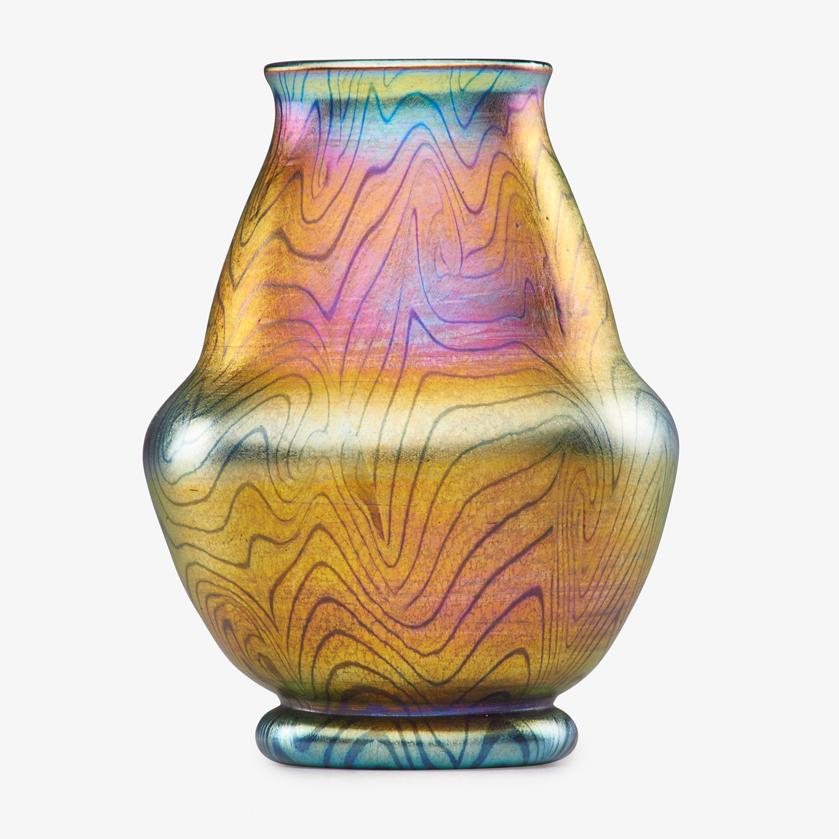 TIFFANY STUDIOS Favrile glass vase: TIFFANY STUDIOS Favrile vase with wavy pattern, New York, ca. 1907 Blown glass Etched L.C.T. 520B 5" x 3 3/4"